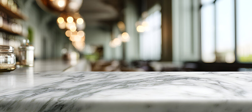 A close-up view of a marble countertop with blurred background of a dimly lit restaurant featuring a bar area