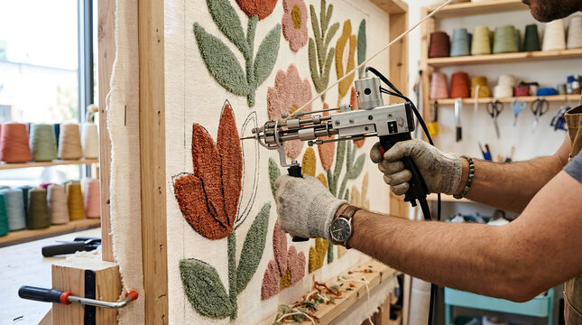 closeup of artisan hands using a professional electric tufting gun to create a colorful floral rug on a wooden frame in a creative craft workshop studio with yarn spools