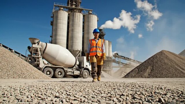 Dedicated construction worker wearing essential safety gear inspects large aggregate materials near towering industrial silos and heavy cement mixer truck.