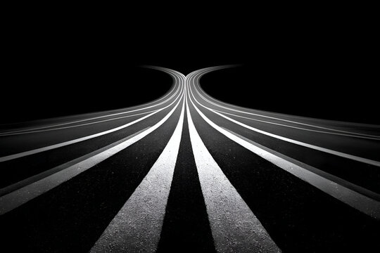 Black and white abstract of two roads splitting, merging, or diverging into the distance, with sharp white lines