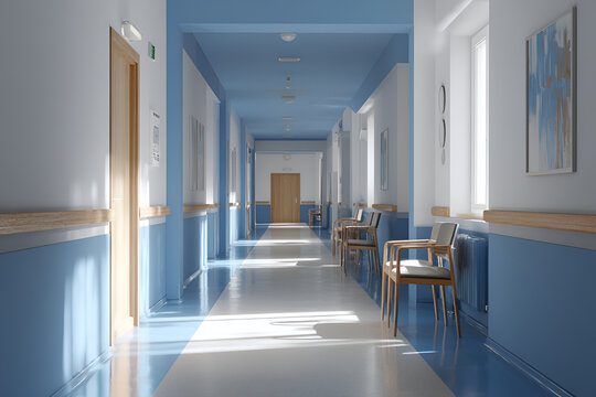 Long corridor featuring blue walls, white ceiling, sunlight, and chairs along the side. Doors are present. A clean and bright atmosphere