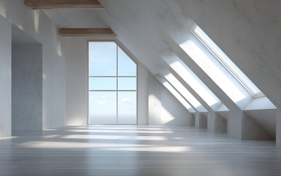 Modern, bright interior of an empty attic space with multiple skylights and a large front-facing window. Wooden beams add warmth