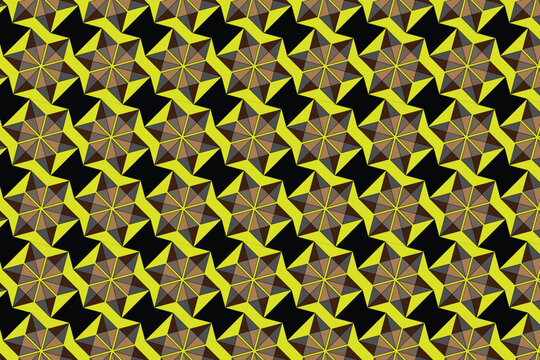 Geometric seamless pattern with 3D star shapes, yellow and brown abstract tessellation vector, modern repeating background for textile and wallpaper
