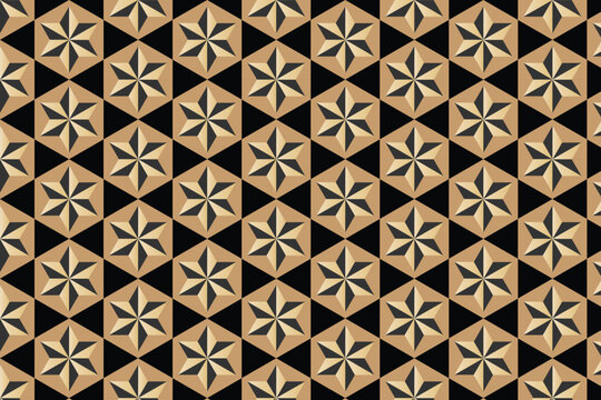 Traditional Japanese Kumiko pattern vector, geometric wood star asanoha motif, elegant brown and black hexagonal lattice background for luxury packaging
