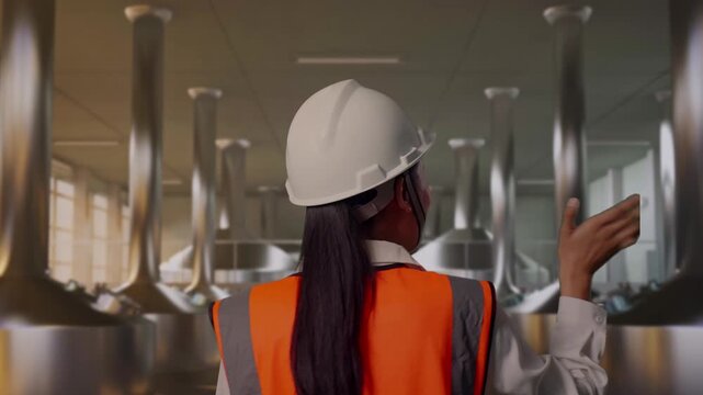 Back of Asian Female Engineer Waving Hand Saying Bye While Walking at Modern Stainless Steel Brewing Vats in Large Scale Beer Manufacturing Plant