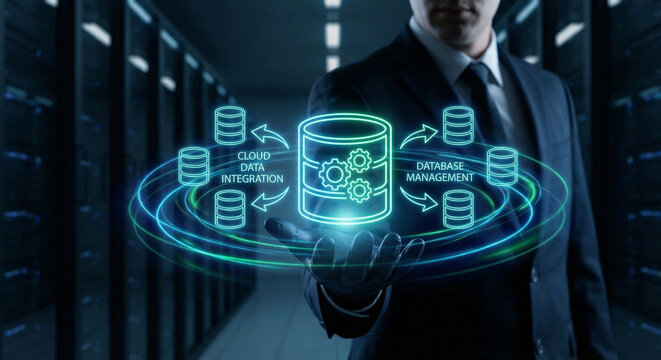 Businessman presenting cloud data integration and domestic analytics in a server room with glowing blue interface