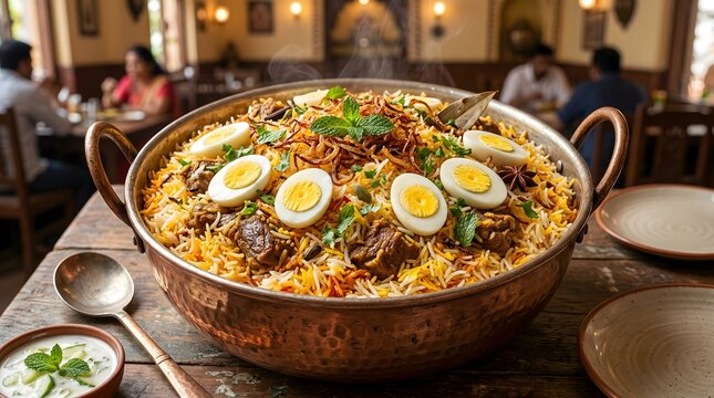 Authentic Hyderabadi Mutton Biryani with Boiled Eggs Served in Traditional Copper Handi