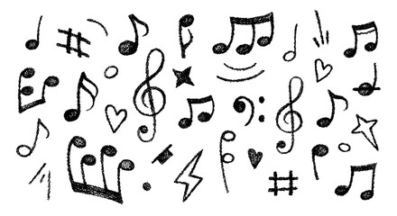 Cute crayon music notes icons. Doodle hand drawn musical signs and symbols with chalk texture. Black crayon notes, treble clef, heart and star icons set isolated on white, vector illustration © PollyVa