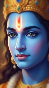 Close up face of blue skin lord rama for rama puja ram navami and dussehra posters showing detailed tilak on forehead and calm peaceful eyes