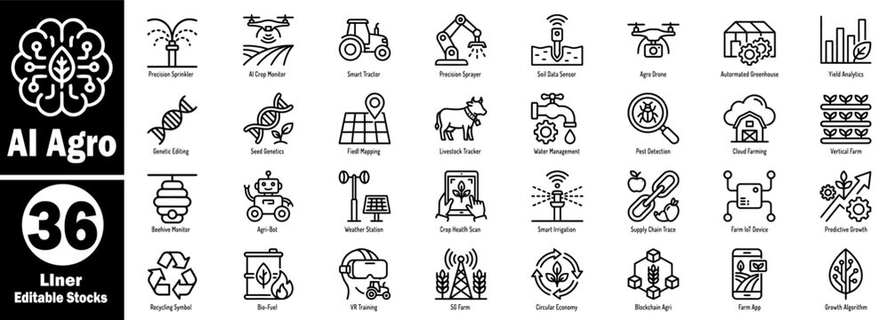 AI agro 36 liner editable stocks. Precision sprinkler, AI crop monitor, smart tractor, precision sprayer, soil data sensor, agri-drone, automated greenhouse vector illustration.