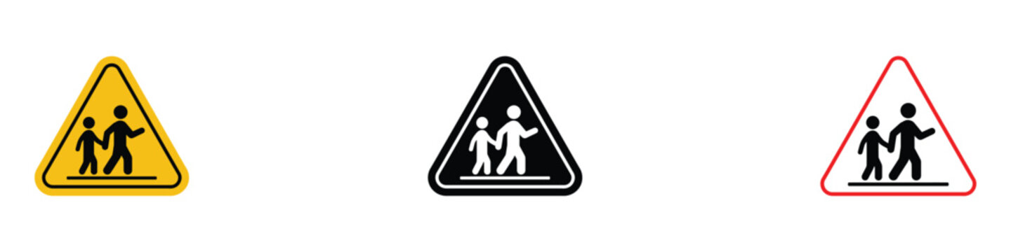 School crossing pedestrian safety road sign icon set. Children walking caution and traffic warning symbol. Vector Illustration.