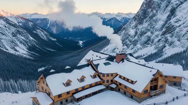Drone footage reveals remote snowy mountain lodge with smoke rising from chimney during sunset