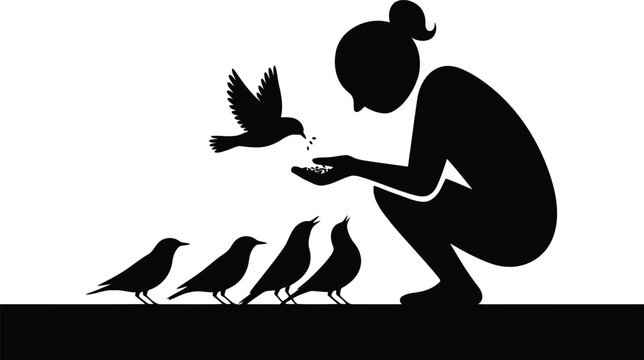 A silhouette of a woman crouching to feed a small group of birds gathered on a raised ledge