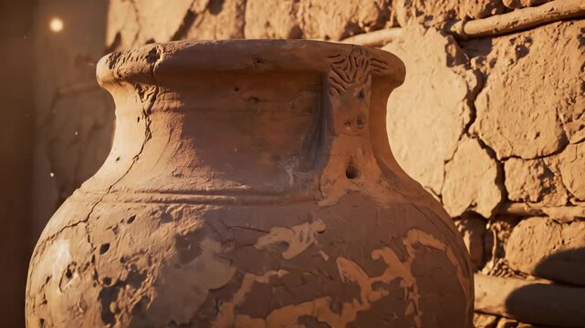 Beautiful ancient pottery on stone display. Rustic pottery showcases cultural heritage and craftsmanship. Warm sunlight enhances earthy tones and textures. Perfect for historical and artistic themes.