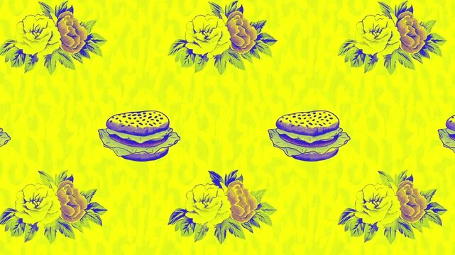 A seamless repeating pattern featuring illustrated burgers and large floral clusters arranged across a vivid yellow background with subtle painterly texture.