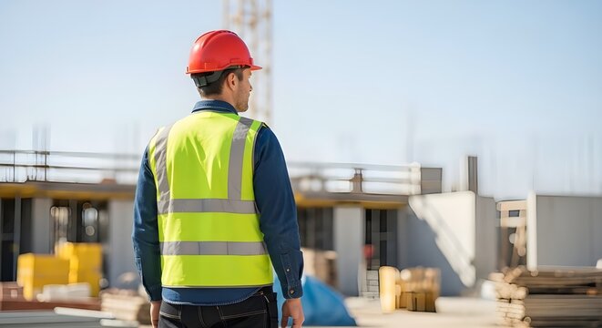 Construction worker on a building site wearing safety gear