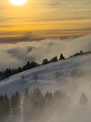 Jura mountains winter landscape with sun setting above clouds, jura; france