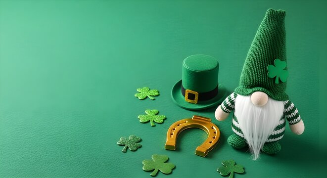 St patrick's day gnome with shamrocks and horseshoe