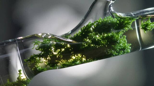 Luminous botanical wonder glows within a clear glass conduit, as water gently embraces its intricate form