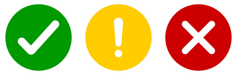 Obraz premium Check mark, exclamation, x mark icon set with tick, cross, warning, error, alert symbols. Circle validation signs for status indicators, approval reject marks, vector icon