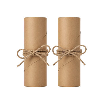 Two rolled paper parcels tied with jute string isolated on transparent background