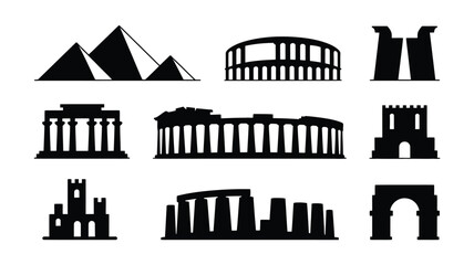 Fototapeta premium Minimalist vector illustration set of famous landmarks and monuments in black silhouette on white background for design and decoration