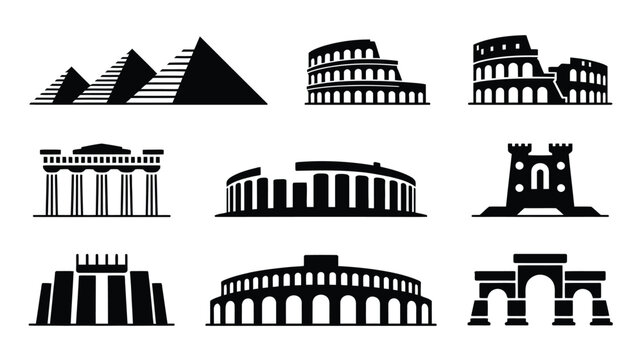 Collection of iconic ancient and historic architectural landmarks and monuments in black silhouette