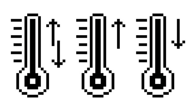 A set of thermostats in linear pixel art with arrows indicating temperature increase or decrease