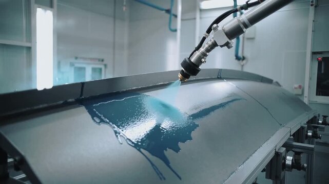 Automated arm delicately applies vibrant blue fluid onto a sleek metallic surface in a futuristic industrial setting