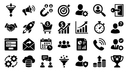 Fototapeta premium Collection of business and marketing icons representing strategy growth analytics and customer engagement for digital services and online promotion