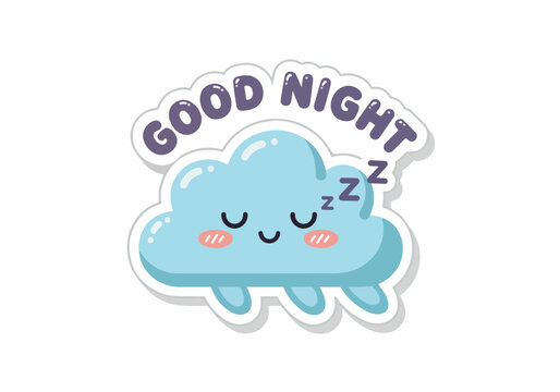 A cute blue sleeping cloud with good night text and zzz symbol appears happy
