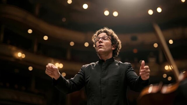 Low angle slow motion footage of a male orchestral conductor leading a symphony with a baton in a grand theater, featuring dramatic stage lighting and a classical music atmosphere.