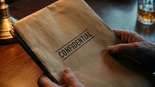 Cinematic video of a man holding a confidential file envelope in a dark office, mystery thriller concept featuring secret documents and investigative journalism at a wooden desk.