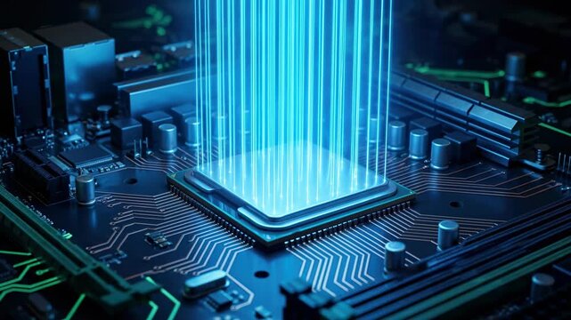 Cinematic 3D animation of a powerful computer processor on a motherboard with glowing blue light beams representing high speed data transfer and artificial intelligence processing.
