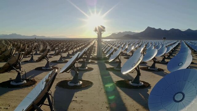 Majestic desert sunrise empowers a colossal solar farm, its countless mirrors reflecting glorious golden light