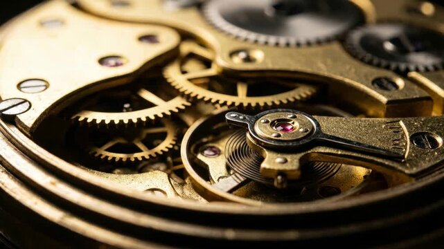 Extreme macro footage of intricate brass clockwork gears and a moving balance wheel inside a vintage mechanical watch, highlighting precision engineering and craftsmanship.