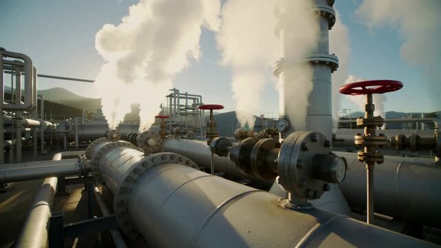 Majestic steam plumes billow from a colossal industrial plant showcasing intricate piping and vibrant red valves under the bright sun