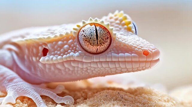 Detailed macro shot of a rare white crested gecko with textured skin resting on sand