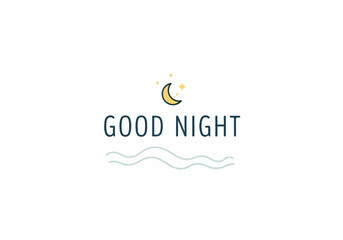 Obraz premium A peaceful nighttime scene with a crescent moon and stars shining brightly over a calm sea with the words Good Night written in blue letters