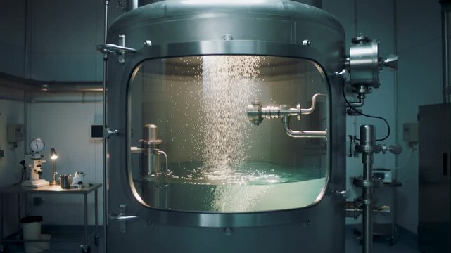 Glistening granules cascade into a swirling liquid inside a massive industrial processing tank within a sterile laboratory setting