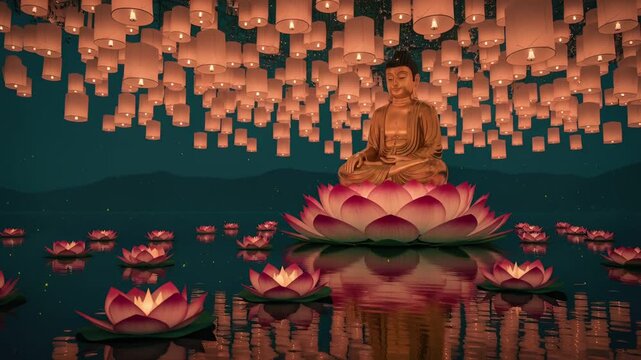 4k cinematic lantern festival reflection water night