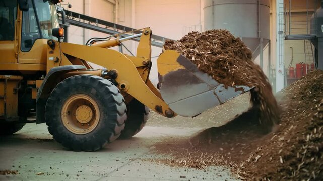 Amber behemoth orchestrates a graceful dance of biomass, shaping a growing earthen mountain within an industrial sanctuary