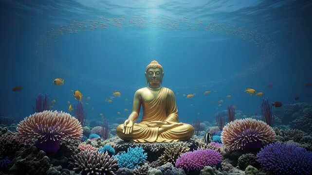 4k underwater buddha statue with coral reef and fish