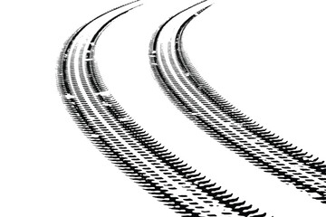 Tire tracks on white background, black wheel marks crossing, rubber tyre tread print isolated, vector automotive trace, race car drift skid marks, transportation design element. © Nazmul