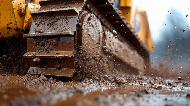 Closeup of heavy machinery caterpillar tracks splashing mud and dirt on a construction site
