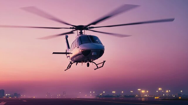 Helicopter taking off from a helipad during a beautiful twilight with city lights in the background