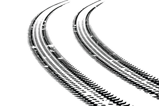 Tire tracks on white background, black wheel marks crossing, rubber tyre tread print isolated, vector automotive trace, race car drift skid marks, transportation design element.