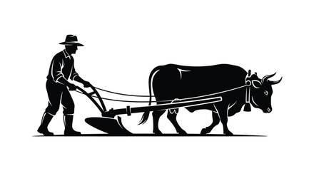 Farmer plowing a field with an ox a striking black silhouette © Digonto