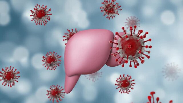 Human liver organ affected by numerous pathogenic viral cells, illustrating serious health issues, a critical disease, and medical threat, impacting organ function