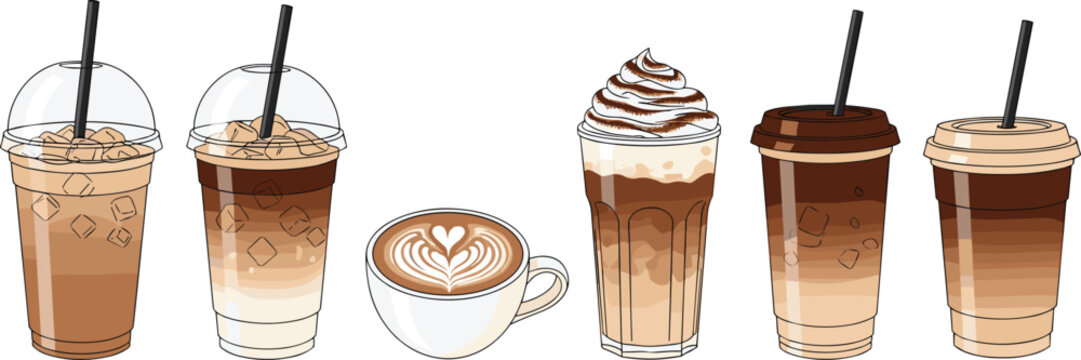 Iced and hot coffee drinks collection with latte and frappe. Modern cafe beverages set. Perfect for menu design, branding and coffee shop visuals.